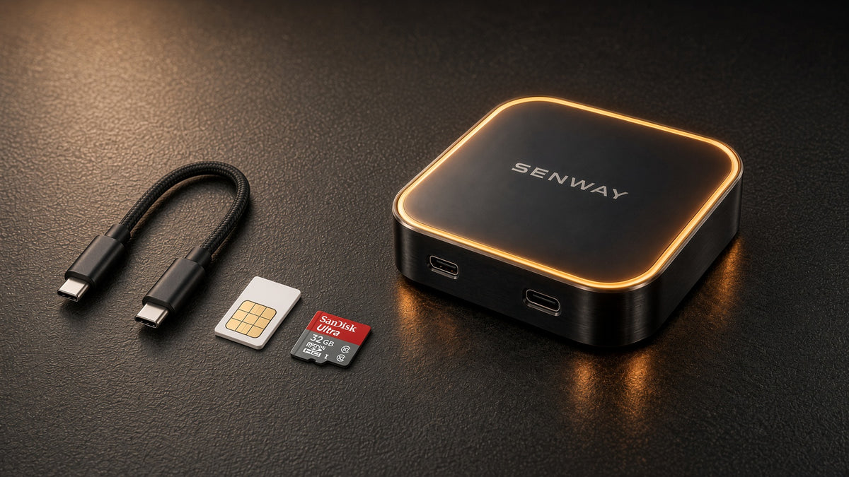 Senway 1 connectivity options shown inside a vehicle